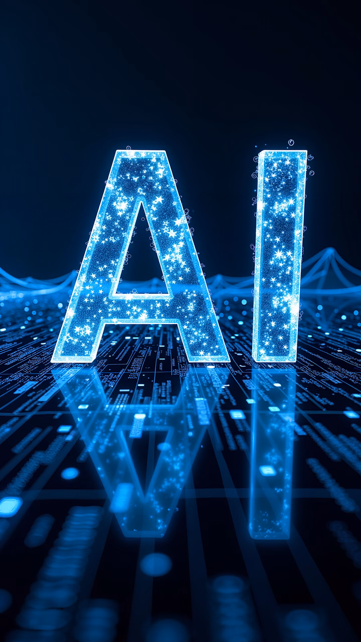 Glowing AI letters on a futuristic circuit board background.