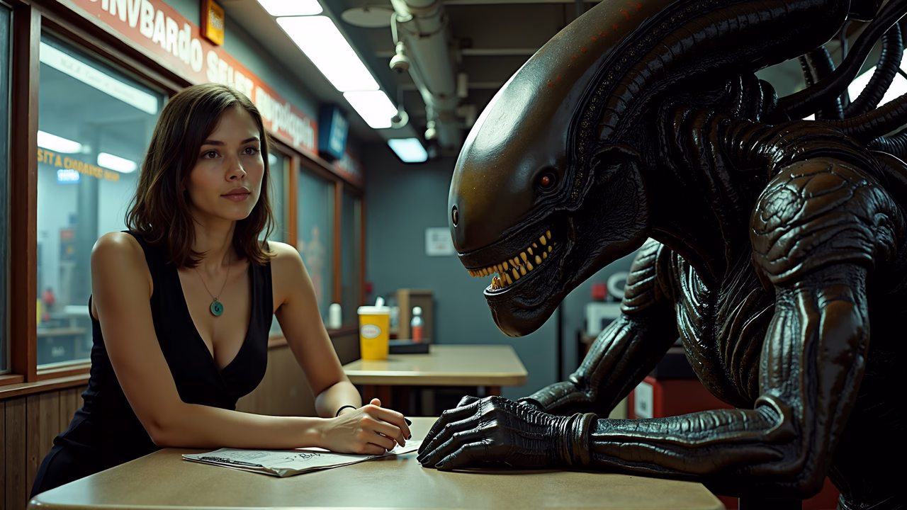 Tense alien-human encounter in a dimly lit diner.