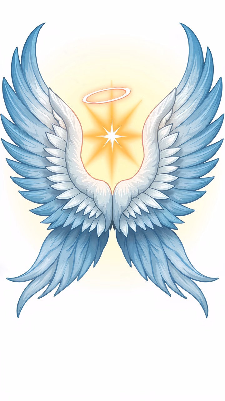 Delicate blue angel wings with a radiant halo on a soft yellow background.