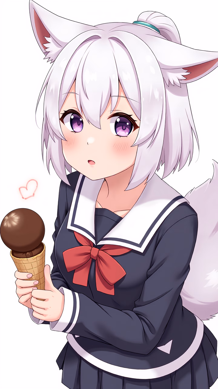 Cute anime girl with fox ears and sailor uniform holding ice cream.