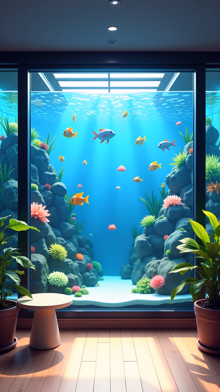 A tranquil underwater scene viewed from a modern home interior.