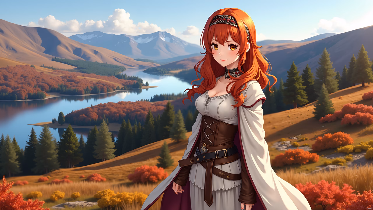 A captivating fantasy illustration featuring a young woman amidst a stunning autumn landscape.