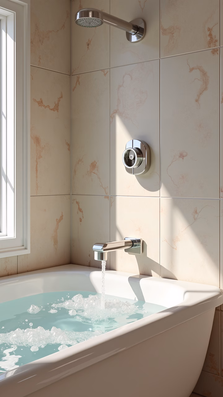 A peaceful moment in a marble-tiled bathroom with flowing water and natural light.