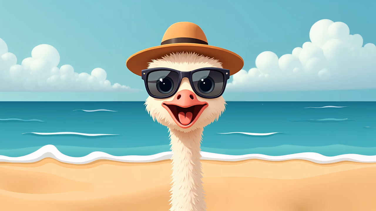 A cheerful ostrich wearing a hat and sunglasses on a sunny beach.