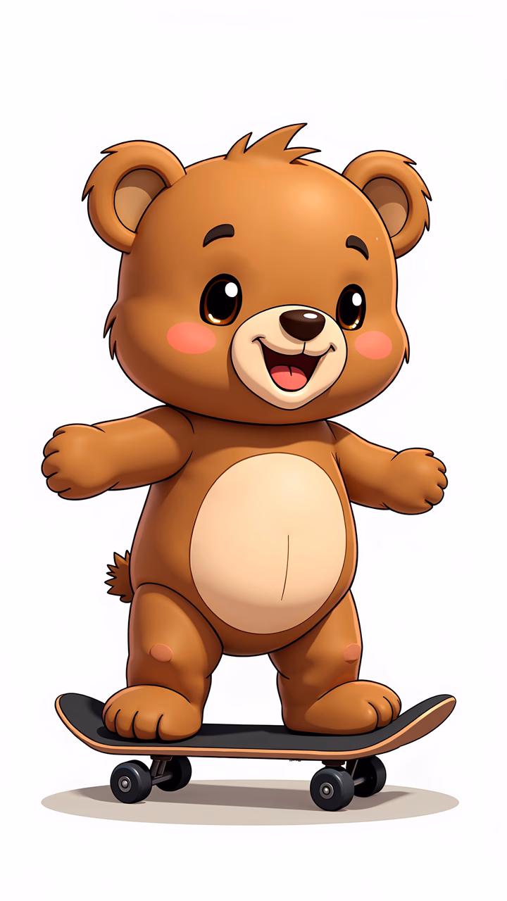 Cute bear on skateboard, cartoon style, children's art, fun vibe