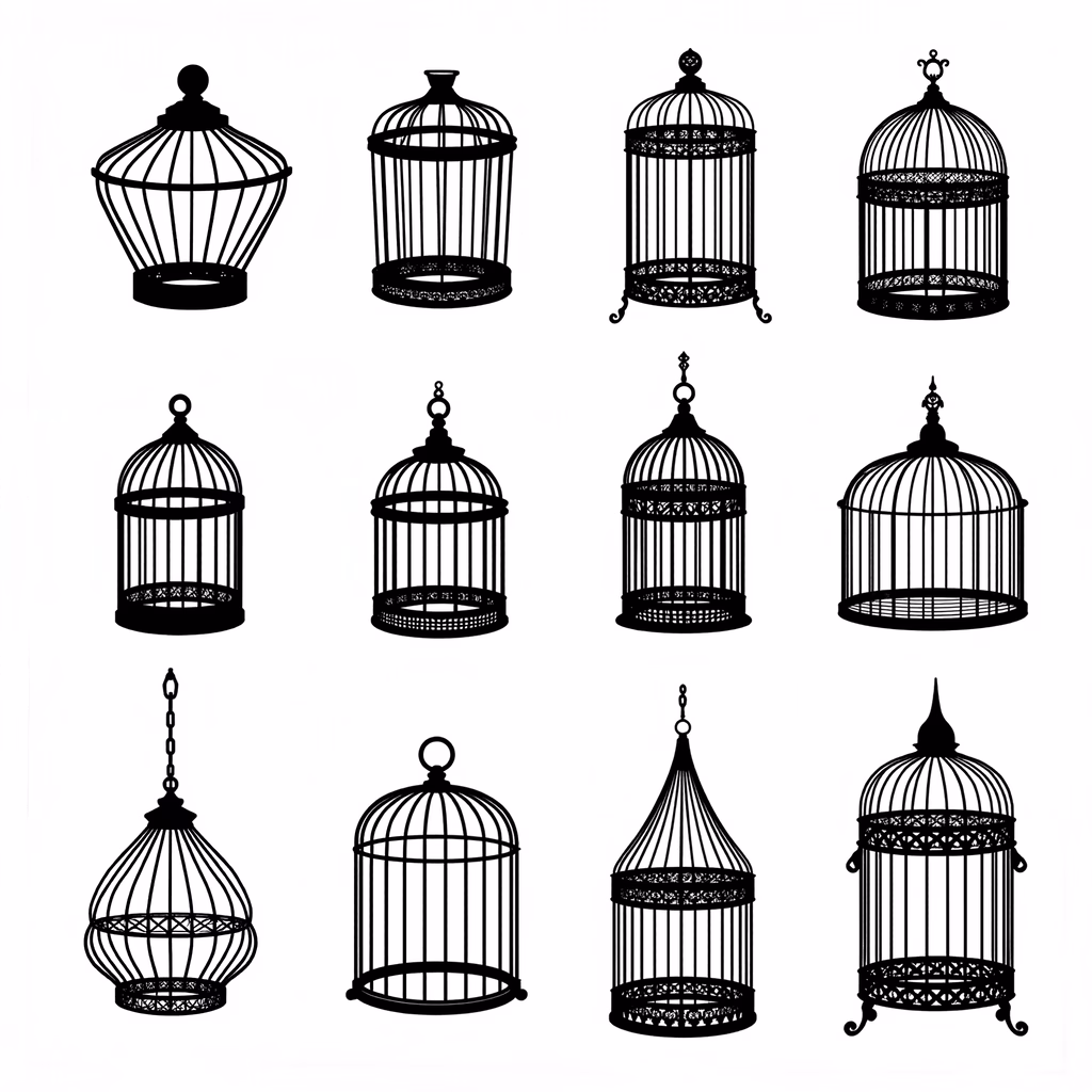 A set of detailed birdcages in a minimalist black-and-white style.
