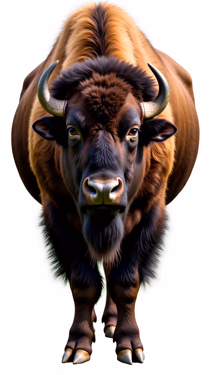 Detailed bison illustration with realistic textures and intense gaze.