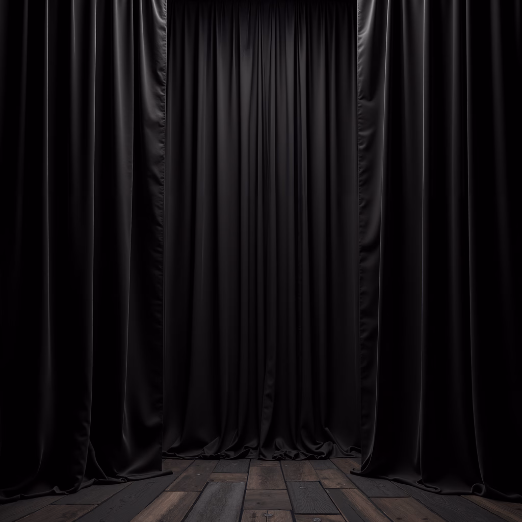 Elegant black curtain draped over a wooden stage, evoking mystery and sophistication.