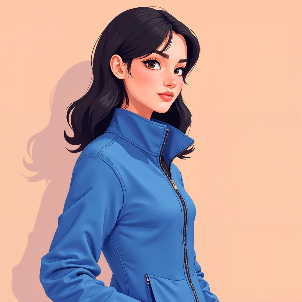 Vibrant blue jacket illustration on peach background, modern fashion art.