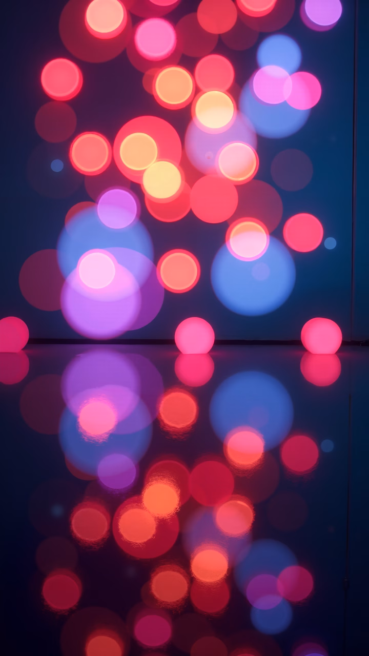 Vibrant bokeh lights in a symmetrical composition with glossy reflections.