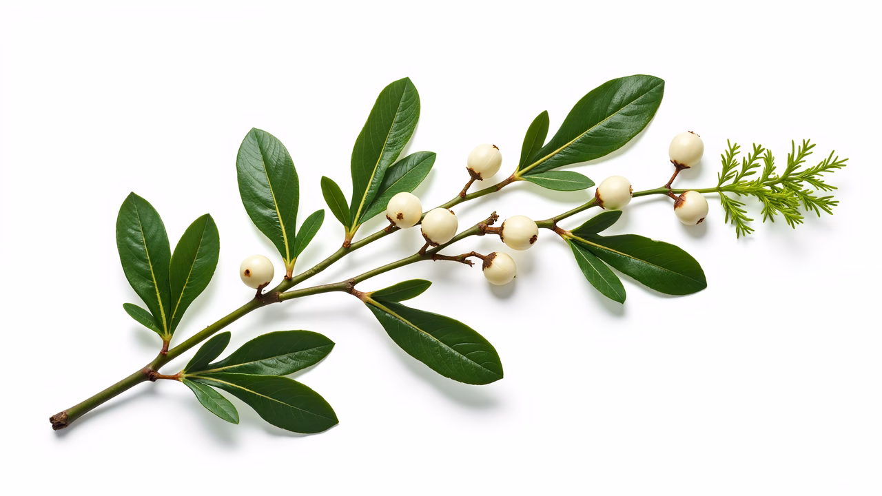 Botanical branch with glossy green leaves and white berries on a white background.