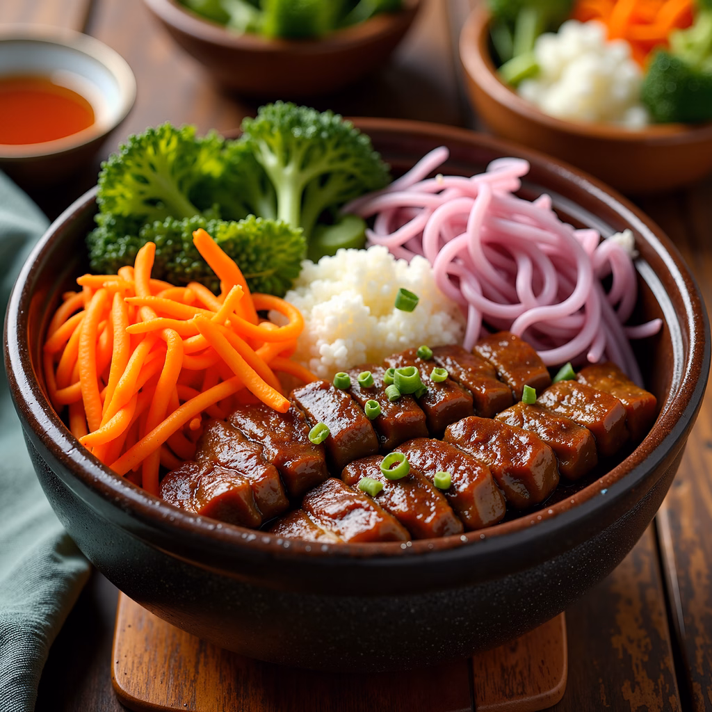 A mouth-watering bowl of steamed rice, meat, vegetables, and pickled onions.