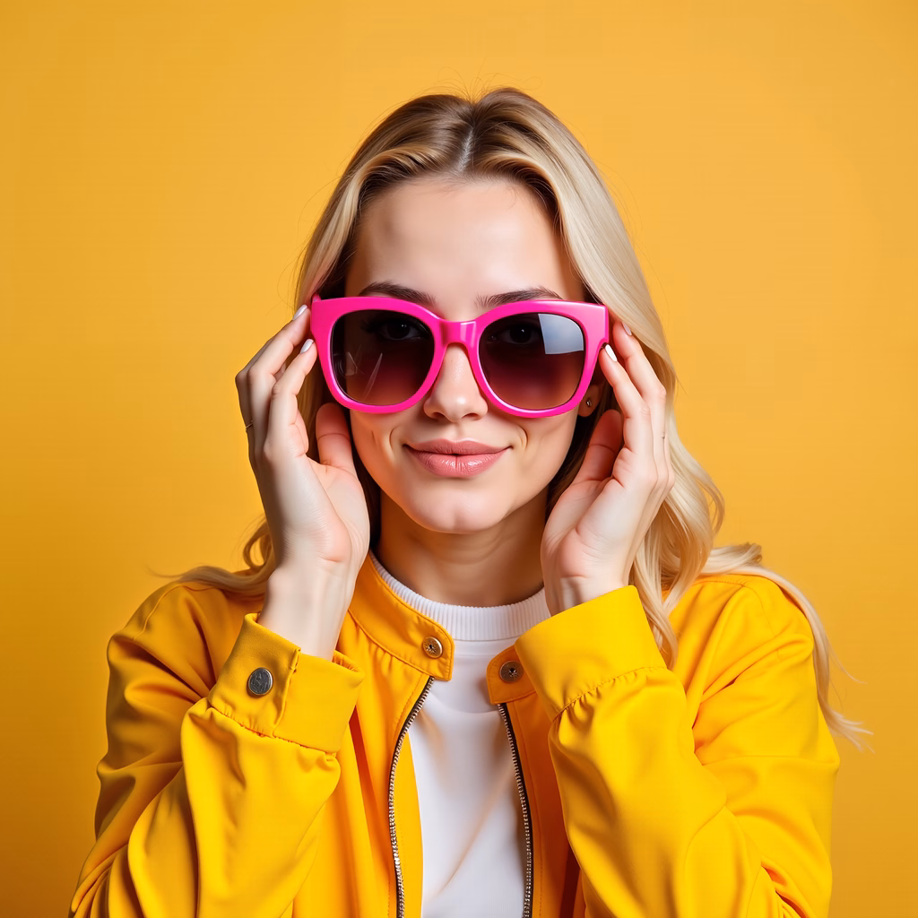 Bright yellow jacket and pink sunglasses create a cheerful and modern look.