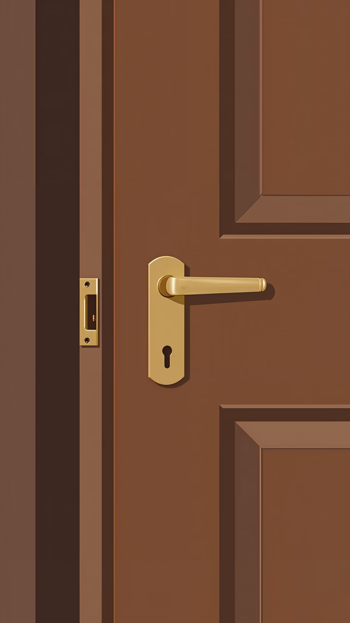 Illustrated brown door with golden handle and lock, classic design, sophisticated look.