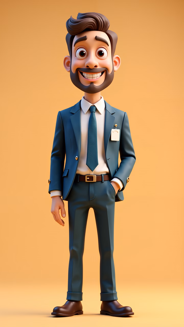 A smiling cartoon businessman in a blue suit against a warm orange backdrop.