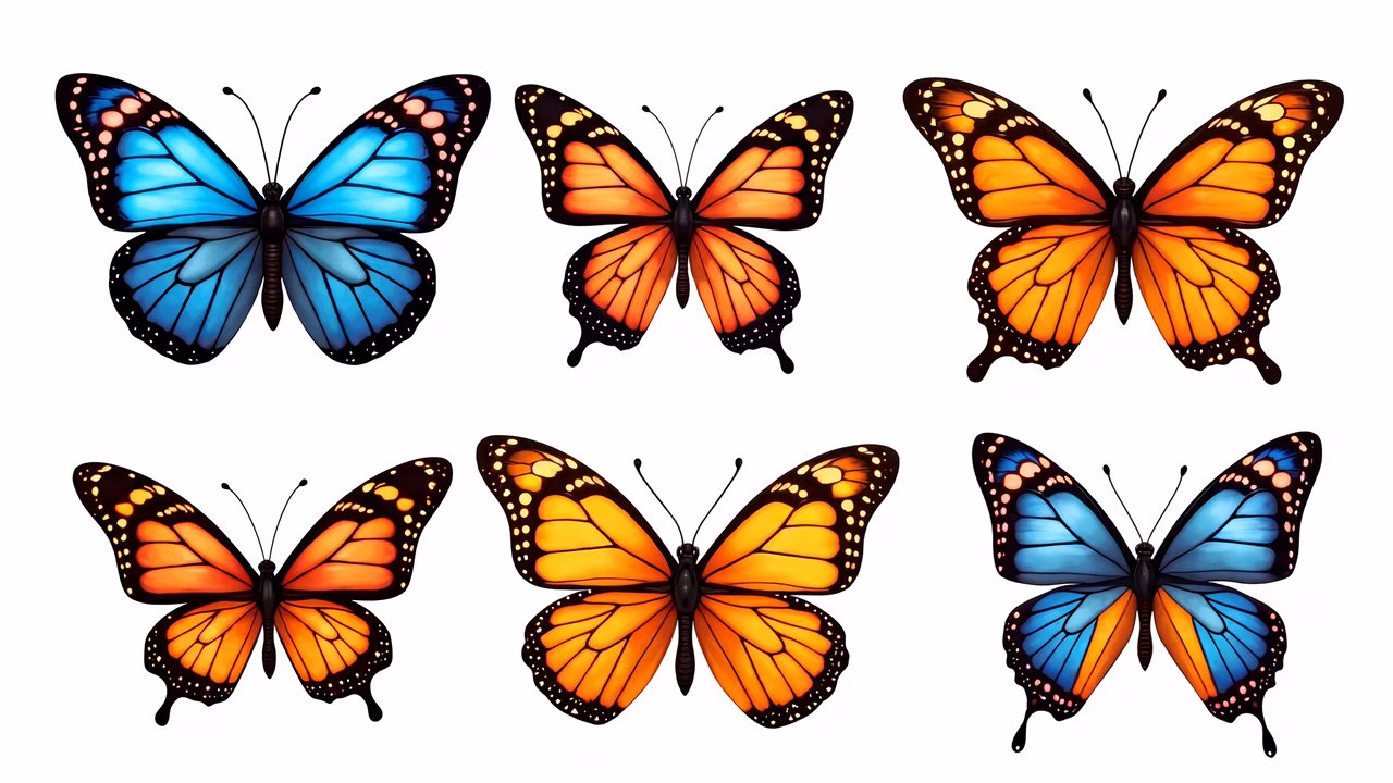 A colorful array of butterflies in various hues and patterns.