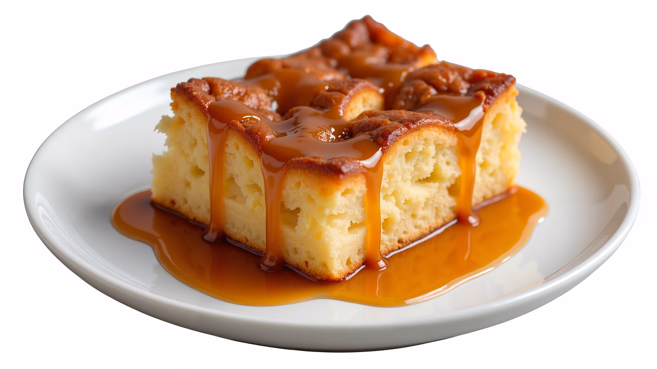 Close-up of caramel cake slice with rich sauce.