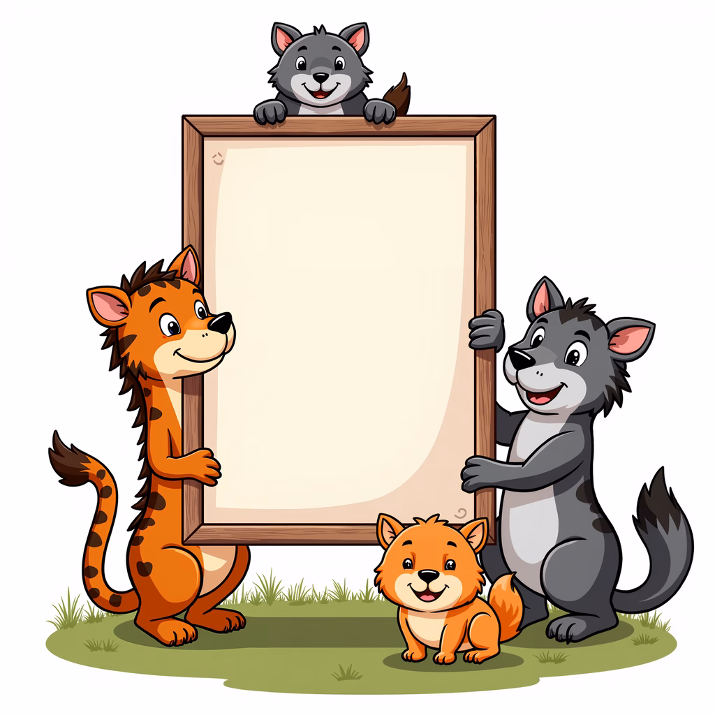 Cartoon animals holding a blank sign for your message.