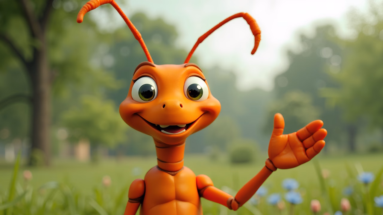 A happy cartoon ant in a lush green park, perfect for children's stories.