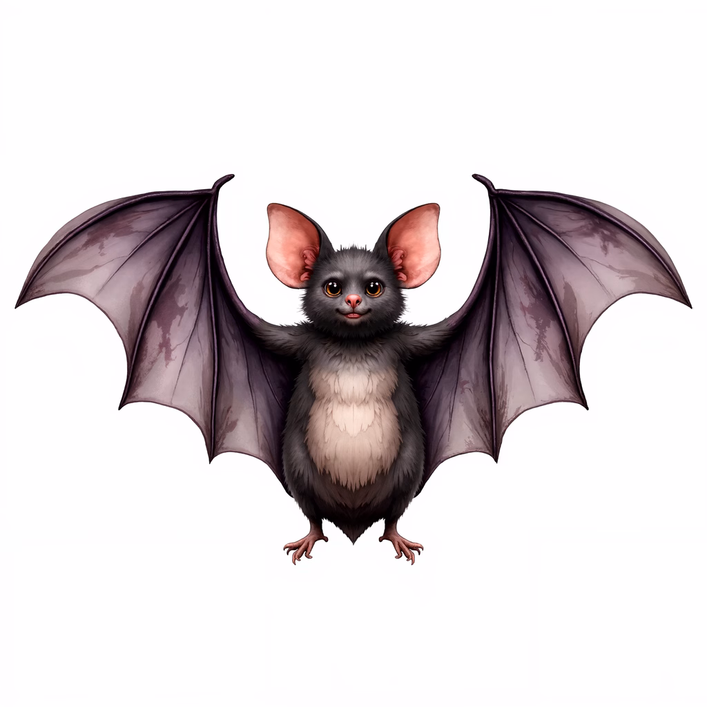 A cute cartoon bat with big eyes and soft fur, perfect for Halloween-themed designs.