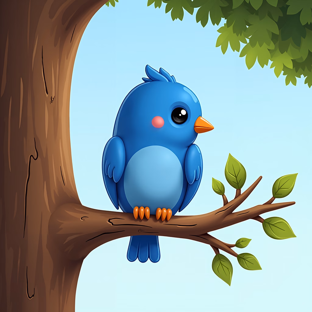 A cute cartoon blue bird sitting on a tree branch, perfect for kids' art.