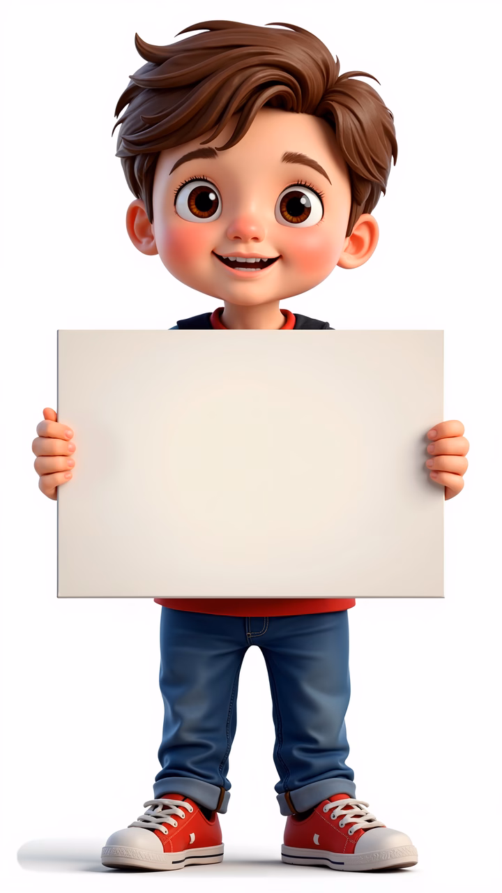 Cartoon boy holding blank sign, colorful and inviting