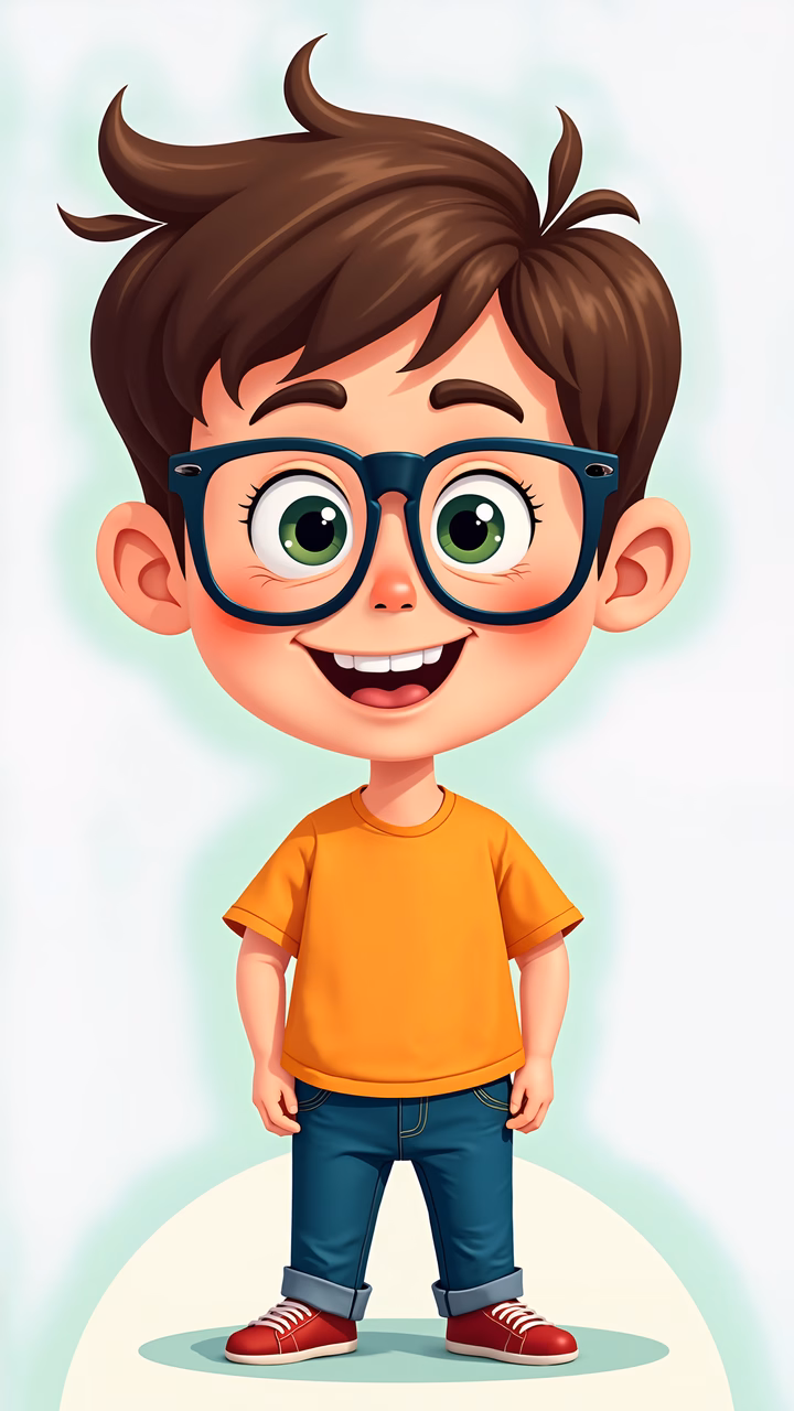 A joyful cartoon boy with glasses, dressed in vibrant colors, perfect for children's art and educational materials.