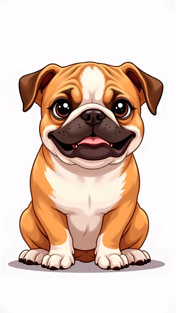 A cute cartoon bulldog with expressive eyes and a friendly smile.