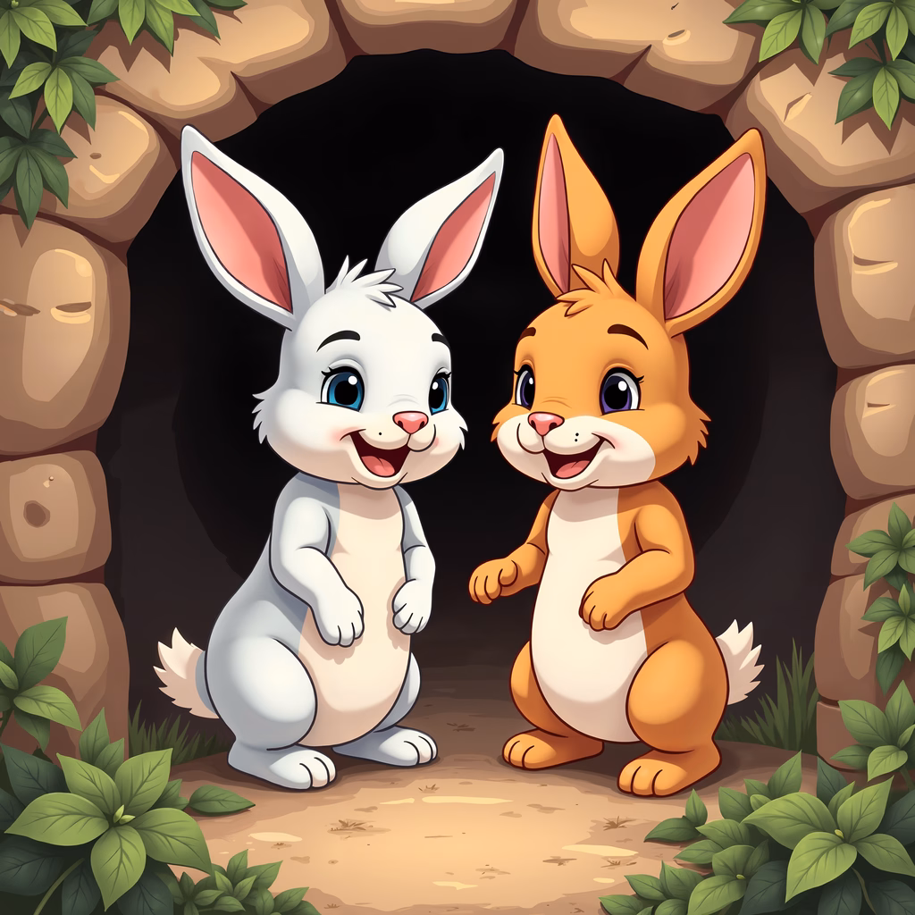 Two friendly bunnies meet in a serene garden setting.