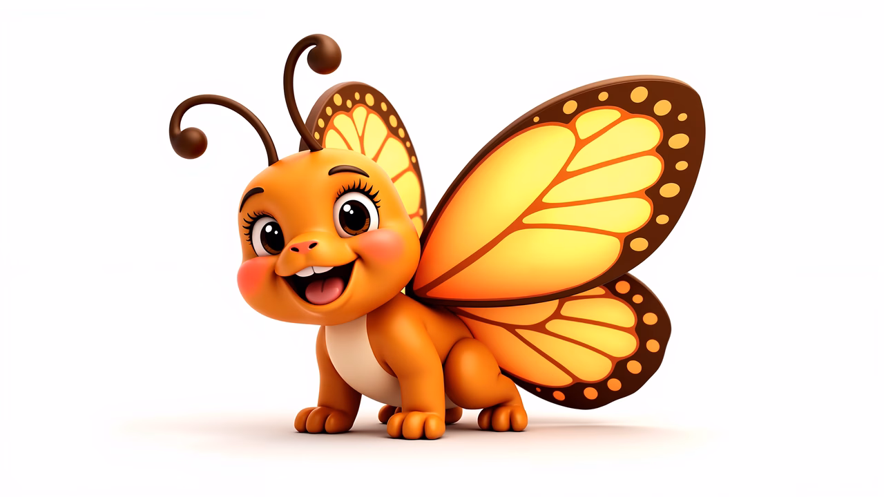 A cute cartoon butterfly with big eyes and a happy expression.