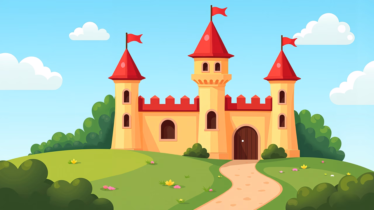 A colorful, cartoon-style castle with red flags and lush green surroundings.
