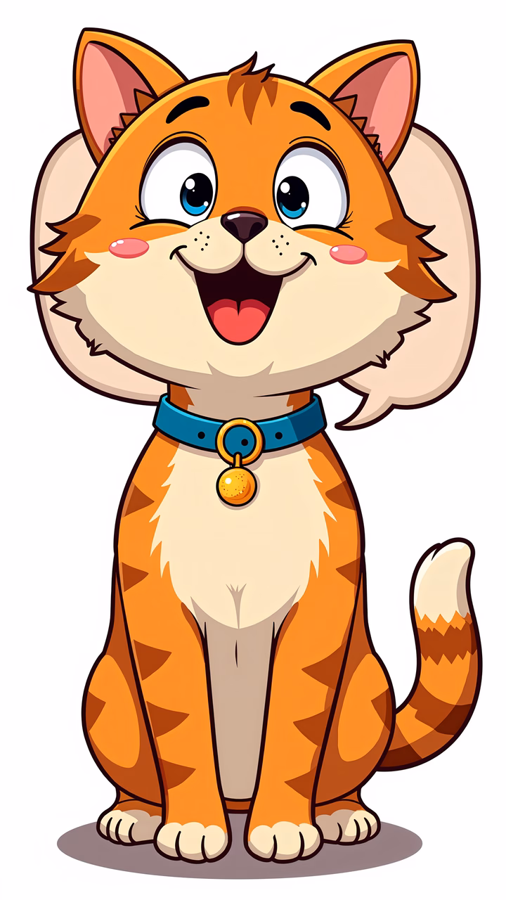 Brightly colored cartoon cat with a joyful expression, perfect for children’s art.
