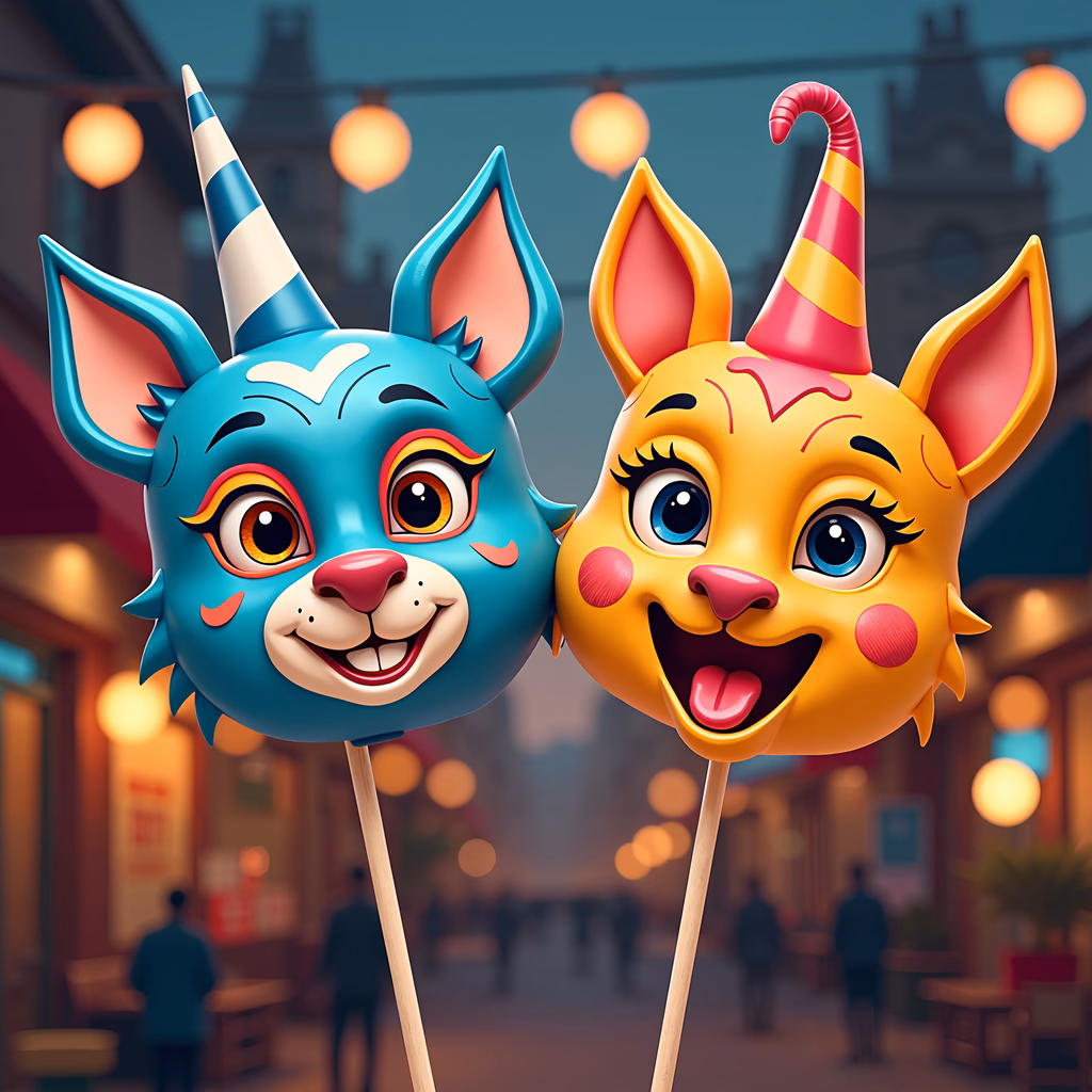 Brightly colored cartoon cat lollipops on a festive street.
