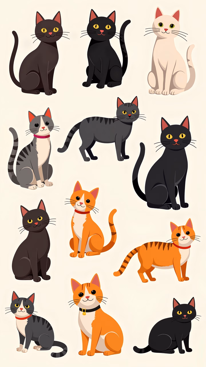 A delightful array of cartoon cats in various poses and colors.