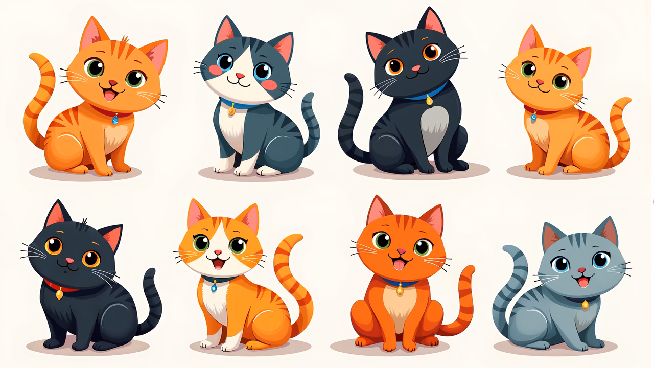 Cute cartoon cats in various colors and poses, perfect for children's decor.