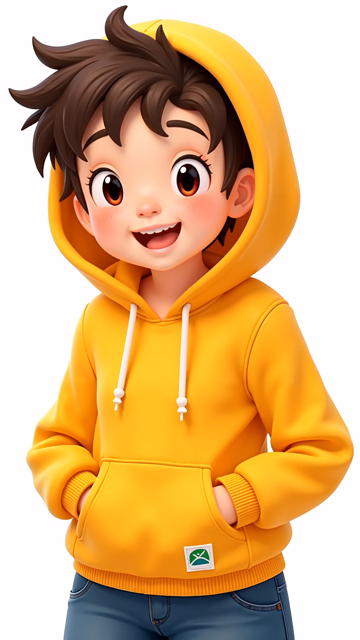 Brightly colored cartoon character in a yellow hoodie, exuding happiness and energy.