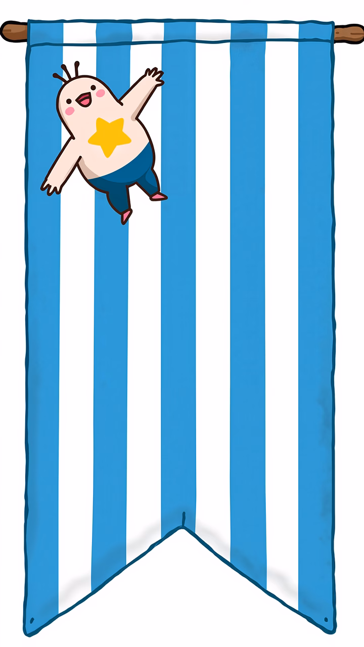 Happy cartoon character with star on blue and white striped banner.