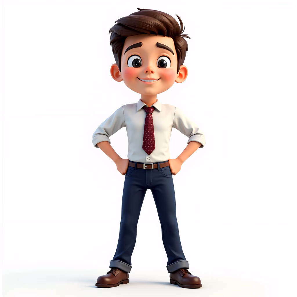 Friendly cartoon character in formal attire against a clean white backdrop.