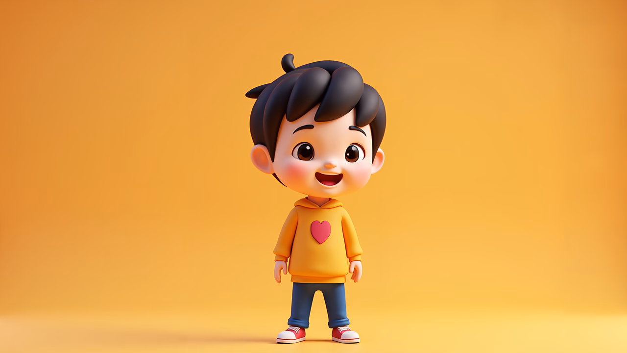 A happy cartoon character with a heart hoodie against a warm yellow backdrop.