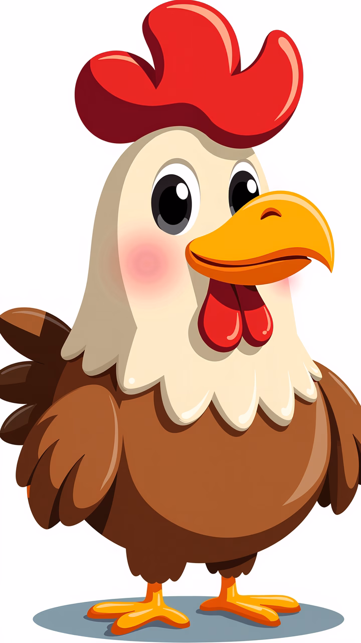 A cheerful cartoon chicken with a red comb and wattle, perfect for children's art.