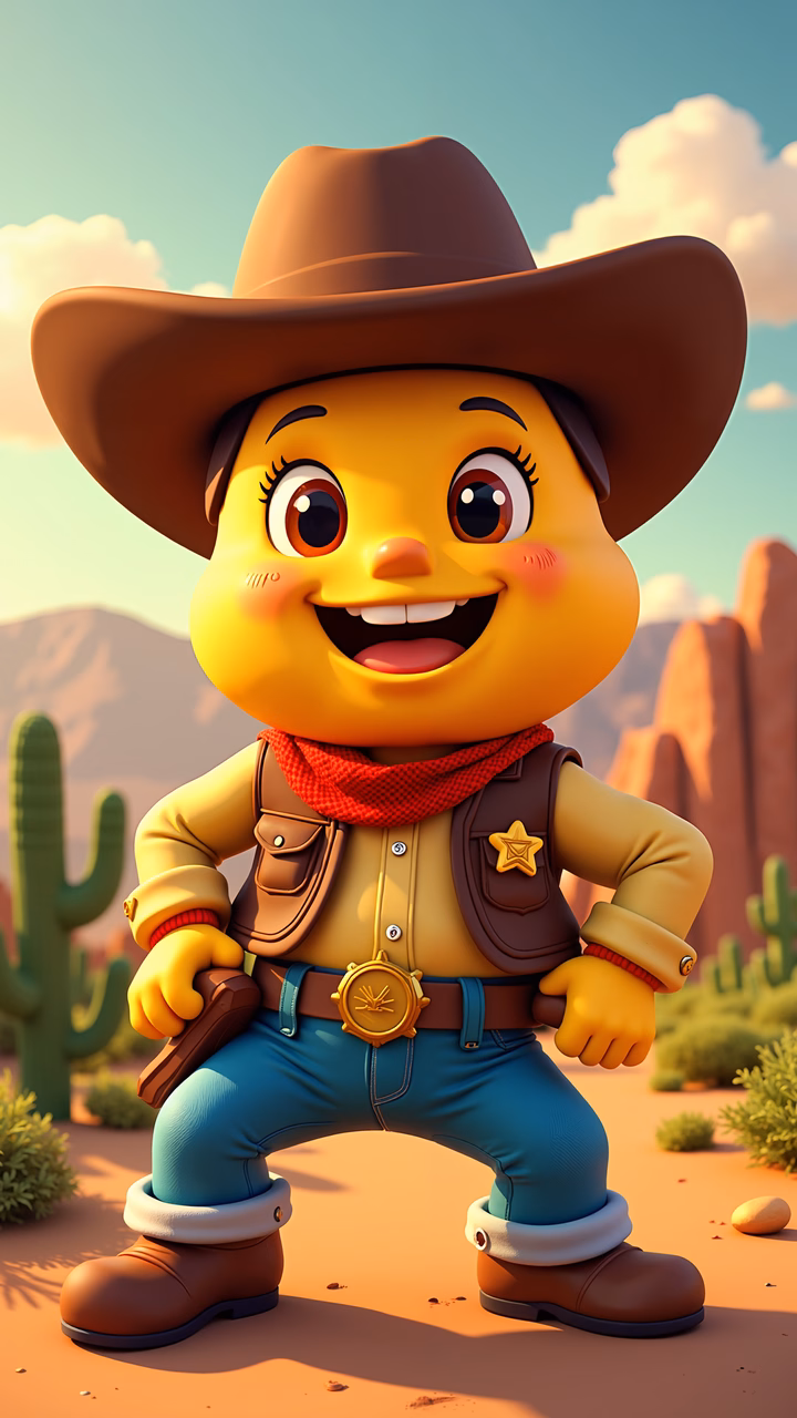 A cheerful cartoon chick dressed as a cowboy in a desert setting.