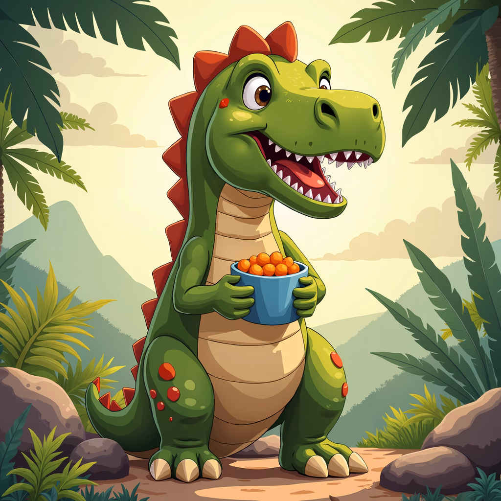 A cute dinosaur enjoying berries in a vibrant, nature-filled setting.
