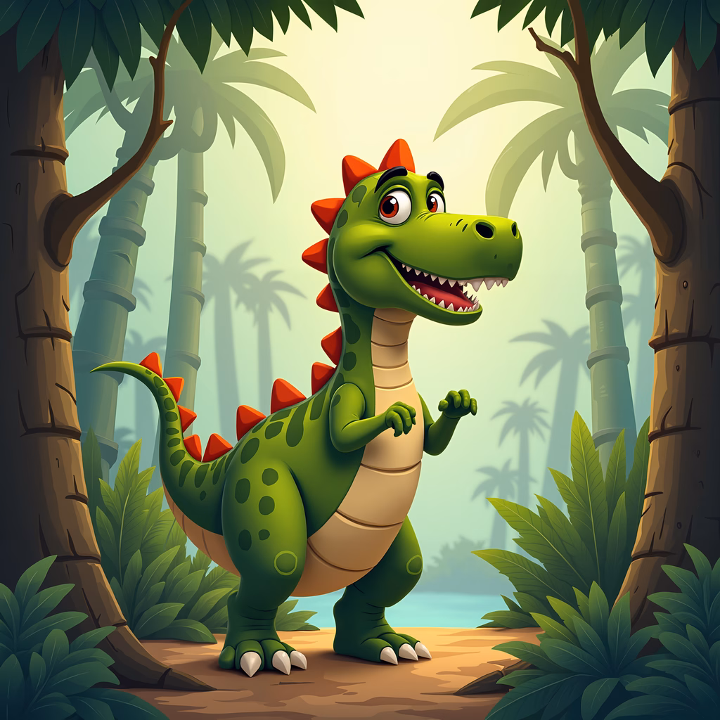 A cute dinosaur in a tropical jungle setting, ideal for children's art.