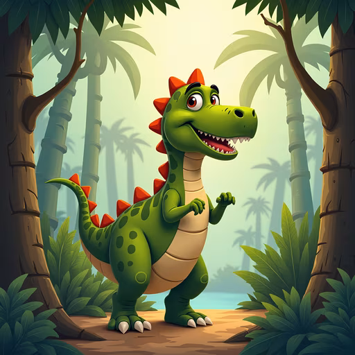 Cartoon Dinosaur in a Tropical Forest