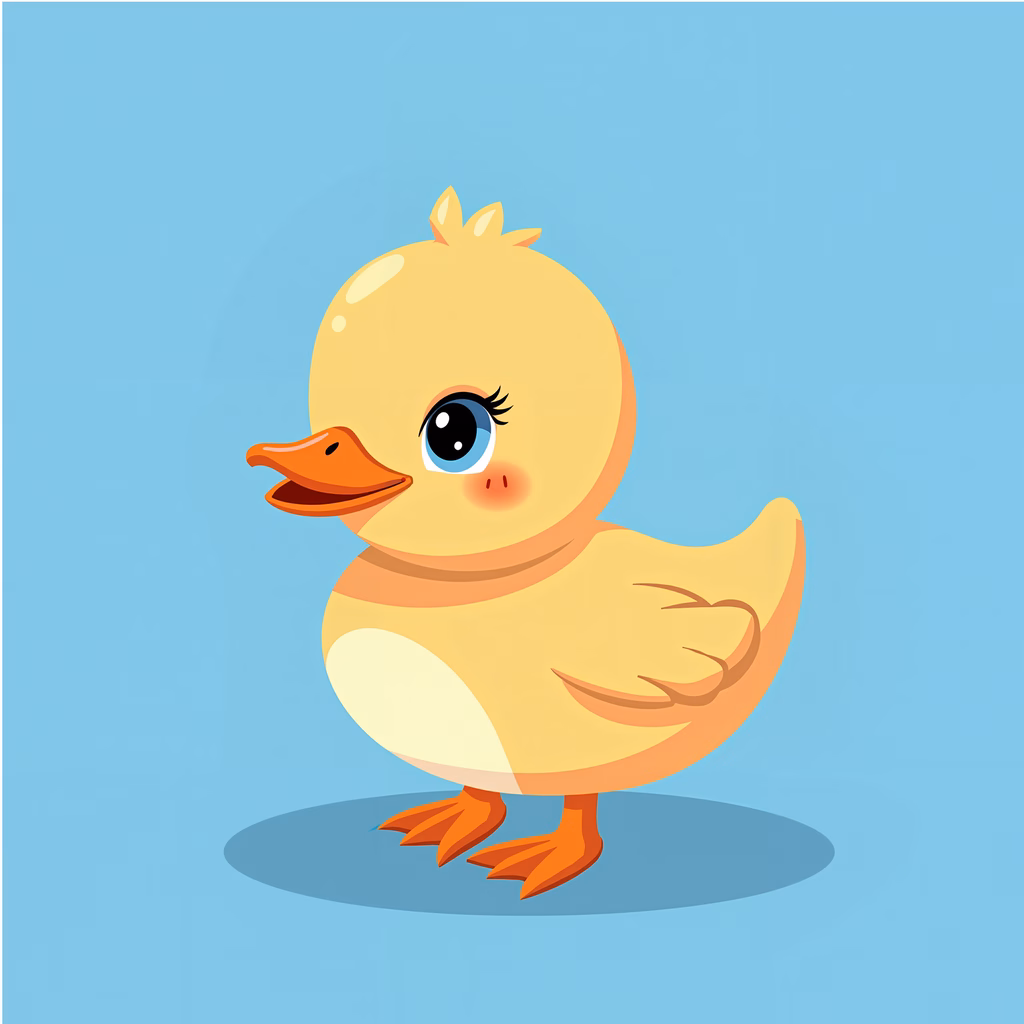 A cheerful cartoon duck on a soft blue background.