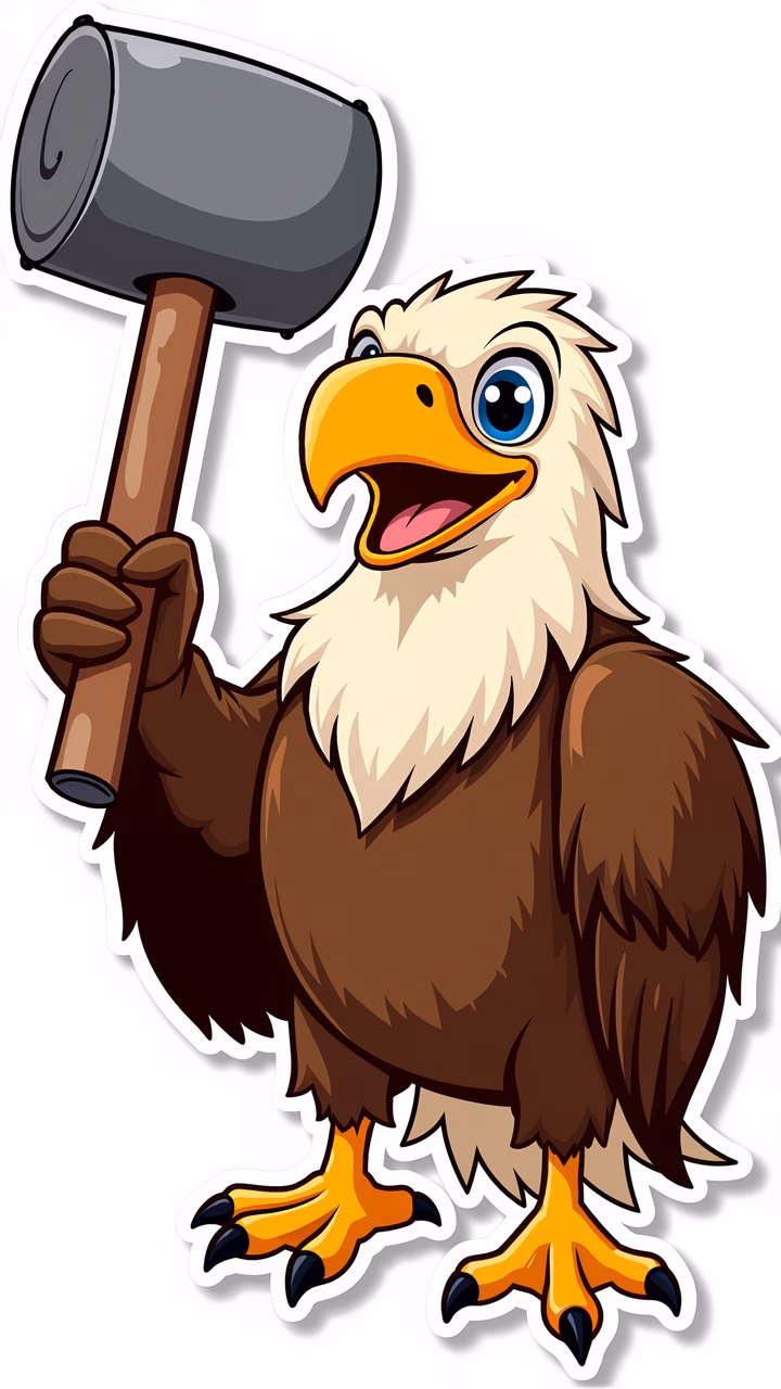 A cheerful cartoon eagle holding a hammer, symbolizing strength and playfulness.