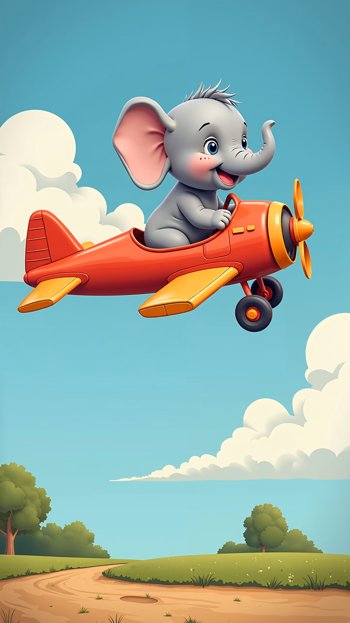 A cute cartoon elephant piloting a colorful airplane against a bright sky backdrop.