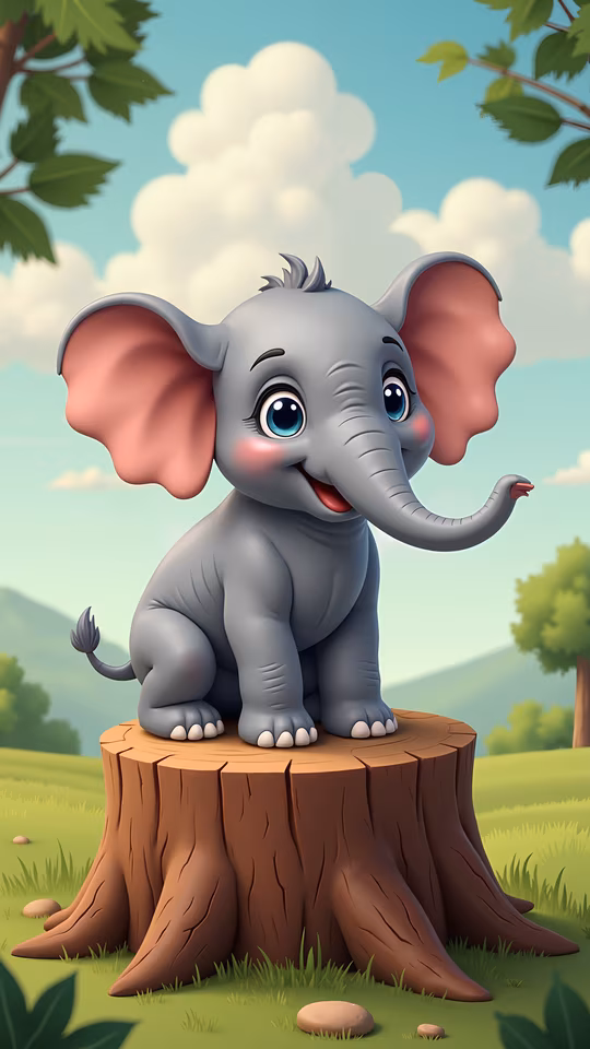 Cartoon Elephant on a Tree Stump