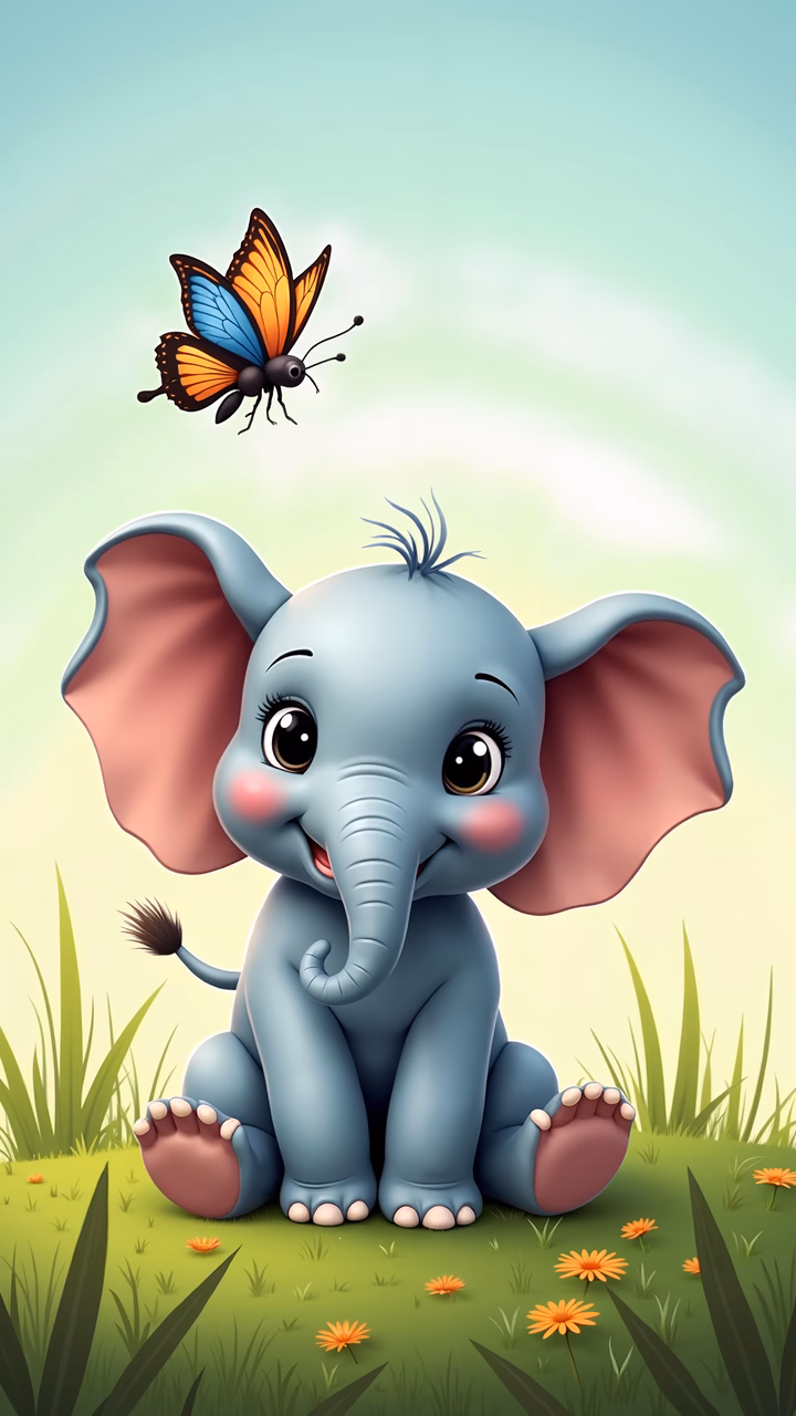 Cute baby elephant with butterfly in a pastel landscape