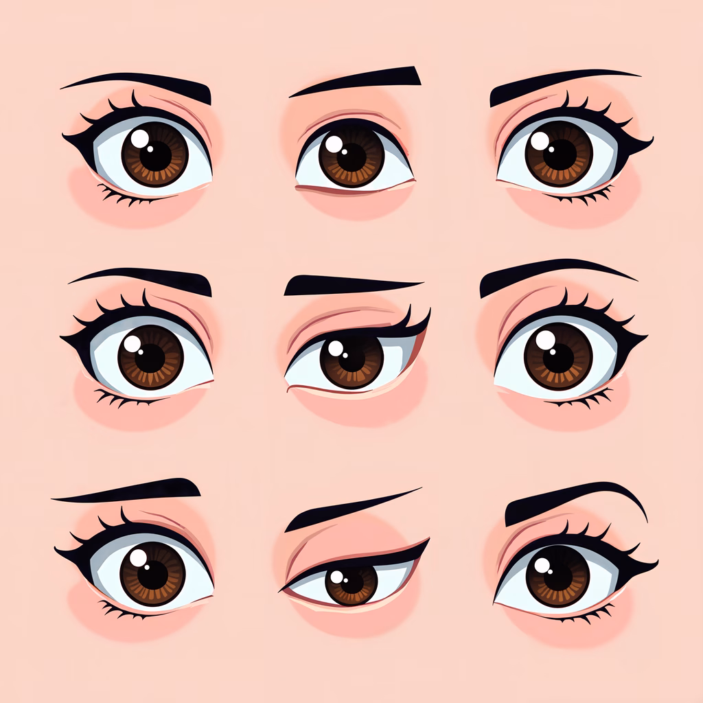 Stylized eyes with varied expressions and colors on a soft pink background.